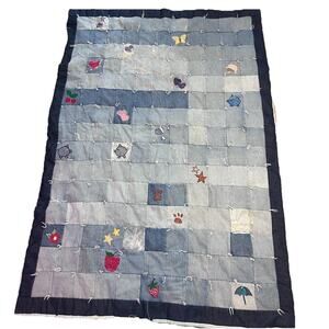 Handmade Denim Patchwork Quilt Upcycled Blue Jean Blanket Rustic Farmhouse 57x41